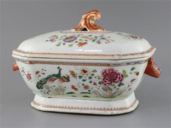 A Chinese export famille rose double peacock soup tureen and cover, Qianlong period, W. 34.5cm